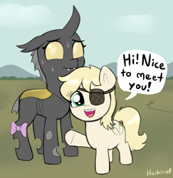 Size: 1628x1678 | Tagged: safe, artist:heretichesh, oc, oc only, oc:konica, oc:sugar beet, changeling, earth pony, pony, bow, changeling oc, dialogue, duo, eye clipping through hair, eyepatch, female, filly, foal, looking at you, nervous, open mouth, open smile, signature, smiling, smiling at you, speech bubble, sweat, talking to viewer