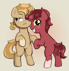 Size: 1647x1692 | Tagged: safe, artist:heretichesh, oc, oc only, oc:peanut toffy, oc:raspberry toffy, earth pony, pony, bipedal, butt, duo, female, filly, foal, grin, looking at you, looking back, looking back at you, plot, smiling