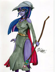 Size: 816x1056 | Tagged: safe, artist:masterdarhil, twilight sparkle, equestria girls, g4, fanfic art, hat, legs, magic staff, marker drawing, roleplaying, smiling, solo, traditional art, wizard hat, wizard robe