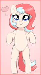 Size: 1242x2280 | Tagged: safe, artist:heretichesh, oc, oc:fizzie, earth pony, pony, bipedal, cute, floating heart, freckles, heart, looking up, ocbetes, pink background, simple background, smiling, solo