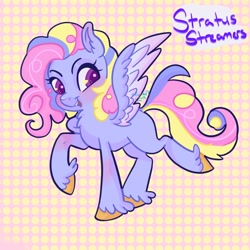 Size: 2048x2048 | Tagged: safe, artist:erieillustrates, oc, oc only, oc:stratus streamers, pegasus, pony, blushing, female, high res, looking back, mare, open mouth, open smile, pegasus oc, raised hoof, signature, smiling, solo, spread wings, tail, unshorn fetlocks, wings