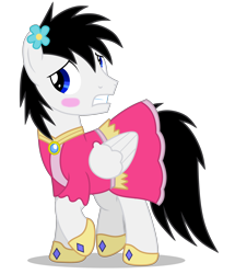 Size: 4000x4661 | Tagged: safe, artist:creedyboy124, oc, oc only, oc:shane park, pegasus, pony, g4, blushing, clothes, crossdressing, dress, embarrassed, male, simple background, solo, stallion, transparent background