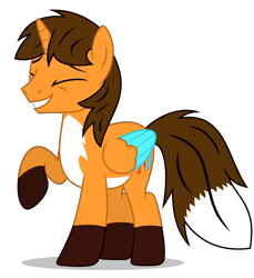Size: 4060x4433 | Tagged: safe, artist:creedyboy124, oc, oc only, oc:ej, alicorn, pony, g4, colored wings, eyes closed, fox tail, laughing, male, multicolored wings, simple background, solo, tail, transparent background, wings