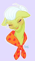 Size: 1173x2048 | Tagged: safe, artist:erieillustrates, granny smith, earth pony, pony, g4, bust, clothes, eyes closed, female, floppy ears, granny smith's shawl, lavender background, mare, open mouth, open smile, portrait, scarf, signature, simple background, smiling, solo