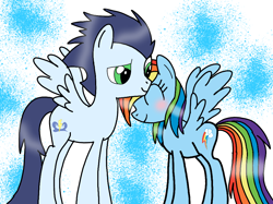 Size: 964x720 | Tagged: safe, artist:dasher666, artist:little-miss-oshawott, edit, rainbow dash, soarin', pegasus, pony, g4, blushing, female, male, mare, ship:soarindash, shipping, stallion, straight