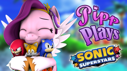 Size: 1920x1080 | Tagged: safe, artist:pika-robo, pipp petals, pegasus, pony, series:pipp plays, g4, g5, 3d, adorapipp, cute, eyes closed, fake thumbnail, female, g5 to g4, gamer pipp, gaming headphones, generation leap, headphones, hug, knuckles the echidna, let's play, mare, miles "tails" prower, smiling, sonic superstars, sonic the hedgehog, sonic the hedgehog (series), source filmmaker, spread wings, squishy cheeks, wings, youtube thumbnail