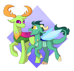 Size: 1024x983 | Tagged: safe, artist:ketumii, thorax, oc, oc:cress, changedling, changeling, dragonling, hybrid, g4, father and child, father and son, interspecies offspring, king thorax, male, offspring, parent:princess ember, parent:thorax, parents:embrax