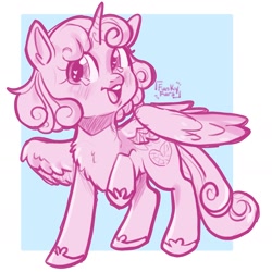 Size: 1668x1668 | Tagged: safe, artist:erieillustrates, princess flurry heart, alicorn, pony, g4, chest fluff, female, filly, foal, heart, heart eyes, hoof shoes, horn, limited palette, older, older flurry heart, open mouth, passepartout, princess shoes, raised hoof, signature, sketch, solo, spread wings, tail, wingding eyes, wings