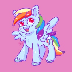 Size: 1668x1668 | Tagged: safe, artist:erieillustrates, rainbow dash, pegasus, pony, g4, blush lines, blushing, female, looking up, mare, open mouth, open smile, pink background, signature, simple background, smiling, solo, spread wings, tail, unshorn fetlocks, wings