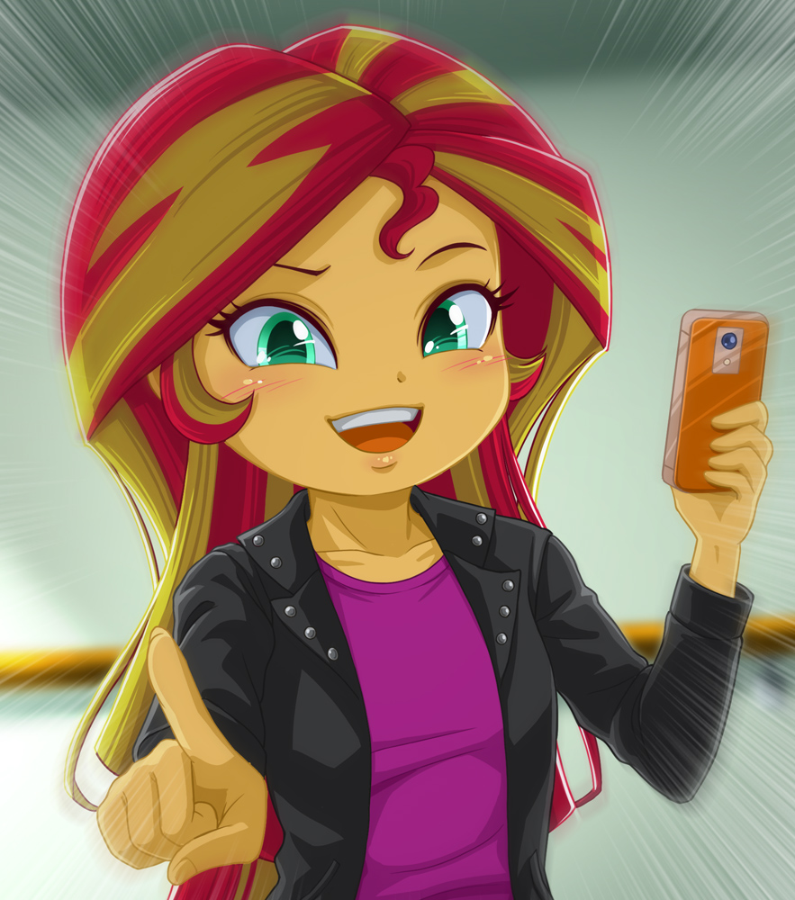 [blushing,cellphone,clothes,cute,equestria girls,female,human,jacket,leather,leather jacket,open mouth,phone,safe,shirt,smartphone,solo,sunset shimmer,artist:uotapo,shimmerbetes,uotapo is trying to murder us,smiling,open smile,pointing at you]