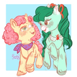 Size: 1668x1668 | Tagged: safe, artist:erieillustrates, fuwa fuwa, kuru kuru, earth pony, pony, g1, blushing, clothes, duo, duo female, female, freckles, front view, looking at each other, looking at someone, mare, open mouth, open smile, passepartout, raised hoof, raised leg, scarf, signature, smiling, takara pony, unshorn fetlocks, walking