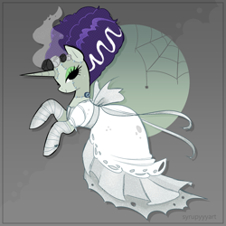 Size: 2360x2360 | Tagged: safe, artist:syrupyyy, rarity, pony, spider, unicorn, g4, bride of frankenstein, clothes, dress, female, frankenstein, gradient background, high res, lidded eyes, looking at you, mare, rearing, smiling, smiling at you, solo, wedding dress, wedding veil