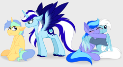 Size: 7160x3924 | Tagged: safe, artist:feather_bloom, oc, oc:feather bloom(fb), oc:feather_bloom, oc:ice storm, oc:star stream(fb), oc:windy, alicorn, pegasus, pony, unicorn, blushing, clothes, commission, denim, denim jacket, fear, hug, intimidating, jacket, nervous, simple background, unshorn fetlocks