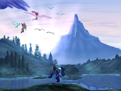 Size: 2160x1620 | Tagged: safe, artist:angstyram, bird, pegasus, pony, unicorn, forest, mountain, scenery, water