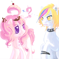 Size: 522x523 | Tagged: safe, artist:tzulin520, oc, oc only, oc:亞麻, oc:綿綿, pegasus, pony, bracelet, cherry, choker, crown, duo, ear piercing, female, food, freckles, jewelry, mare, pair, pegasus oc, piercing, question mark, regalia, simple background, spiked choker, white background