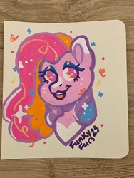 Size: 1536x2048 | Tagged: safe, artist:erieillustrates, oc, oc only, earth pony, pony, 2023, bust, female, freckles, mare, open mouth, open smile, photo, ponysona, portrait, posca, signature, sketch, smiling, solo, traditional art