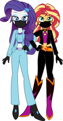 Size: 3632x7000 | Tagged: safe, artist:brokenadam, artist:limedazzle, edit, rarity, sunset shimmer, equestria girls, g4, my little pony equestria girls: better together, belt, boots, clothes, coronavirus, covid-19, cutie mark on clothes, face mask, gloves, high heel boots, jacket, mask, shoes, simple background, transparent background