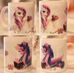 Size: 1024x1020 | Tagged: safe, artist:tzulin520, fluttershy, twilight sparkle, alicorn, pegasus, pony, squirrel, g4, book, craft, duo, female, irl, mare, mug, photo, reading, twilight sparkle (alicorn)