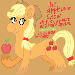 Size: 1000x1000 | Tagged: safe, artist:mintwhistle, applejack, earth pony, pony, g4, apple, applejack day, applejack's hat, colored hooves, cowboy hat, female, food, freckles, green eyes, hairband, hat, hoof hold, implied pears, looking back, looking up, mare, medibang paint, no pupils, orange background, ponytail, raised hoof, simple background, smiling, solo, tail, tail band, that pony sure does love apples, unshorn fetlocks