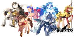 Size: 1200x600 | Tagged: safe, artist:soukitsubasa, oc, oc only, earth pony, pegasus, pony, unicorn, armor, bow, cape, clothes, earth pony oc, female, hairclip, horn, male, mare, pegasus oc, shoes, simple background, spear, spread wings, stallion, sword, tail, tail bow, unicorn oc, weapon, white background, wings