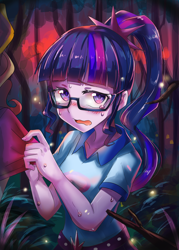 Size: 1770x2472 | Tagged: safe, artist:tzc, sci-twi, sunset shimmer, twilight sparkle, human, equestria girls, g4, my little pony equestria girls: legend of everfree, blushing, camp everfree outfits, clothes, duo, duo female, female, forest, frightened, glasses, high res, offscreen character, open mouth, ponytail, scared, shirt, shirt pull, solo focus, sweat, teary eyes, tree