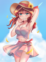 Size: 1150x1550 | Tagged: safe, artist:tzc, sunset shimmer, human, g4, adorasexy, anime, arm behind head, armpits, beautiful, belly button, breasts, busty sunset shimmer, clothes, cute, female, flower, hat, humanized, looking at you, midriff, moe, ribbon, sexy, shimmerbetes, skirt, smiling, solo, stupid sexy sunset shimmer, summer, sun hat, sunflower