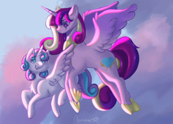 Size: 2427x1733 | Tagged: safe, artist:noristar17, princess cadance, princess flurry heart, alicorn, pony, g4, chest fluff, duo, female, filly, filly flurry heart, flying, foal, hoof fluff, horn, leg fluff, mare, mother and child, mother and daughter, older, older flurry heart, spread wings, wings