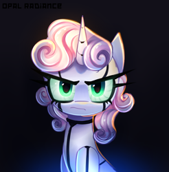 Size: 2800x2840 | Tagged: safe, artist:opal_radiance, sweetie belle, pony, robot, robot pony, unicorn, g4, angry, glowing, glowing eyes, high res, horn, ko-fi, scowl, solo, sweetie belle is not amused, sweetie bot, unamused