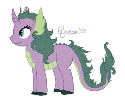 Size: 775x633 | Tagged: safe, artist:littlelime, oc, oc only, oc:effervencent, dracony, hybrid, pony, unicorn, earfins, female, interspecies offspring, name, offspring, parent:rarity, parent:spike, parents:sparity, simple background, solo, transparent background