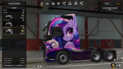 Size: 1920x1080 | Tagged: safe, edit, oc, oc only, earth pony, pony, euro truck simulator 2, looking back, multicolored mane, pink eyes, purple mane, smiling, truck