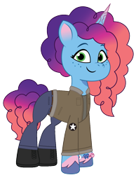 Size: 917x1182 | Tagged: safe, artist:edy_january, artist:prixy05, edit, vector edit, misty brightdawn, pony, unicorn, g5, my little pony: tell your tale, boots, clothes, denim, girls und panzer, jacket, jeans, jewelry, long pants, military, military pony, pants, rebirth misty, saunders, shirt, shoes, simple background, solo, transparent background, vector