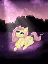 Size: 1620x2160 | Tagged: safe, artist:ohneechan, fluttershy, pegasus, pony, g4, crossed legs, cute, female, looking up, lying down, lying in grass, night, outdoors, prone, solo, stargazing, stars