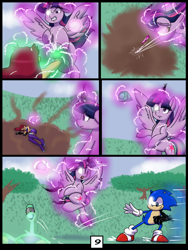 Size: 6000x8000 | Tagged: safe, alternate version, artist:chedx, twilight sparkle, alicorn, hedgehog, pony, comic:learning with pibby glitch battles, g4, boots, clothes, comic, commission, community related, corrupted, crossover, dc comics, lying down, miniskirt, multiverse, on side, shoes, skirt, sonic the hedgehog, sonic the hedgehog (series), starfire, teen titans, thigh boots, twilight sparkle (alicorn)