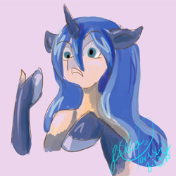 Size: 4550x4550 | Tagged: dead source, safe, artist:wolfyjacreddelicious, princess luna, alicorn, human, pony, anthro, g4, 2015, absurd resolution, bust, female, hooves, human to pony, looking at something, old art, simple background, solo, transformation
