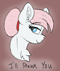 Size: 1349x1586 | Tagged: safe, artist:reddthebat, nurse redheart, earth pony, pony, g4, brown background, bust, chest fluff, dissonant caption, ear fluff, eyebrows, eyebrows visible through hair, female, hatless, mare, missing accessory, nose wrinkle, profile, simple background, smiling, solo, text