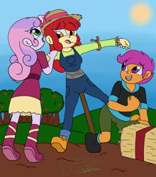 Size: 3700x4200 | Tagged: safe, artist:digi1talpho3nix, apple bloom, scootaloo, sweetie belle, human, equestria girls, g4, apple, apple tree, breasts, busty apple bloom, cutie mark crusaders, female, hat, hay bale, humanized, open mouth, open smile, pole, pole tied, scarecrow, smiling, straw, straw hat, straw in mouth, sweet apple acres, tied up, tree, trio, trio female