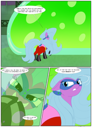 Size: 1596x2196 | Tagged: safe, artist:necrofeline, mane-iac, oc, oc:madame inflator, earth pony, pony, comic:the formula, g4, alternate universe, clothes, comic, commission, commission comic, commissioner:geonineplus, costume, evil smile, eyeshadow, factory, female, formula, grin, growth formula, hair tie, imminent expansion, imminent inflation, implied female, implied oc, inflation comic, inflation sequence, looking at you, looking back, looking back at you, makeup, mare, mask, offscreen character, power ponies, sequence, serum, smiling, solo, speech bubble, supervillain, tank (container), this will end in expansion, this will end in growth, this will end in inflation, tresemme, word bubble