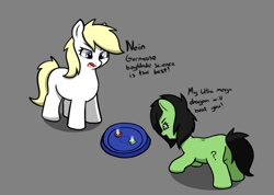 Size: 1252x893 | Tagged: safe, artist:neuro, oc, oc only, oc:aryanne, oc:filly anon, earth pony, pony, beyblade, butt, duo, female, filly, foal, gray background, looking at something, plot, simple background