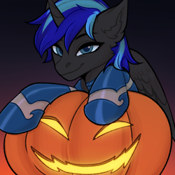 Size: 2048x2048 | Tagged: safe, alternate character, alternate version, artist:enderbee, oc, alicorn, pony, blue eyes, blue hair, commission, halloween, happy, high res, holiday, pumpkin, smiling, solo, stars, ych result