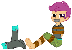 Size: 9398x6500 | Tagged: safe, artist:cardshark777, scootaloo, human, equestria girls, g4, arm behind back, barefoot, bondage, bound and gagged, digital art, duct tape, feet, fetish, foot fetish, gag, helpless, looking at you, rope, rope bondage, ropes, scootaloo is not amused, shoes removed, simple background, sitting, solo, tape, tape gag, tied up, transparent background, unamused