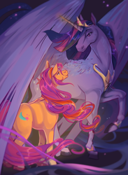 Size: 2830x3860 | Tagged: safe, artist:artbysarf, sunny starscout, twilight sparkle, alicorn, earth pony, pony, g5, bracelet, butt, crown, duo, female, glowing, glowing horn, high res, hoers, horn, jewelry, large wings, looking at each other, looking at someone, mane stripe sunny, mare, obtrusive watermark, older, older twilight, older twilight sparkle (alicorn), peytral, plot, princess twilight 2.0, raised hoof, regalia, smiling, subversion, sunny and her heroine, that magic is yours to give, that magic is yours to save, that magic was not yours to give, twilight sparkle (alicorn), wings