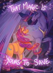 Size: 2830x3860 | Tagged: safe, alternate version, artist:artbysarf, sunny starscout, twilight sparkle, alicorn, earth pony, pony, g5, butt, crown, duo, female, glowing, glowing horn, good end, high res, hoers, horn, jewelry, large wings, looking at each other, looking at someone, mane stripe sunny, mare, meme, older, older twilight, older twilight sparkle (alicorn), peytral, plot, princess twilight 2.0, raised hoof, regalia, smiling, subversion, subverted meme, sunny and her heroine, sweet dreams fuel, text, that magic is yours to give, that magic is yours to save, that magic was not yours to give, twilight sparkle (alicorn), wings