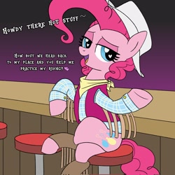 Size: 2048x2048 | Tagged: safe, artist:legendoflink, pinkie pie, earth pony, pony, g4, bandana, bar, bar stool, bedroom eyes, clothes, cowboy, cowboy hat, dialogue, female, flirting, hat, heart, heart eyes, high res, mare, open mouth, open smile, pinktober, plaid shirt, shirt, sitting, smiling, solo, talking to viewer, vest, wingding eyes