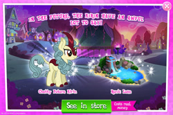 Size: 1960x1300 | Tagged: safe, gameloft, season sunshine, kirin, g4, my little pony: magic princess, official, advertisement, bush, cloven hooves, costs real money, english, female, horn, introduction card, mobile game, numbers, sale, solo, text, water