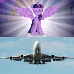 Size: 1920x1920 | Tagged: safe, edit, edited screencap, screencap, twilight sparkle, alicorn, pony, g4, magical mystery cure, boeing, boeing 747, comparison, eyes closed, female, irl, magical mystery cure 10th anniversary, mare, photo, plane, queen of the skies, solo, spread wings, twilight sparkle (alicorn), wings