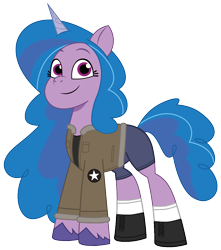 Size: 1060x1200 | Tagged: safe, artist:edy_january, artist:prixy05, edit, vector edit, izzy moonbow, pony, unicorn, g5, my little pony: tell your tale, boots, clothes, denim, girls und panzer, jacket, jeans, military, military pony, pants, saunders, shirt, shoes, short pants, simple background, solo, stockings, thigh highs, transparent background, vector