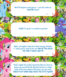 Size: 2048x2367 | Tagged: safe, gameloft, idw, pinkie pie, powder, rainbow dash, earth pony, pegasus, pony, unicorn, g1, g4, my little pony: magic princess, official, bow, dialogue, dialogue box, female, high res, horn, idw showified, mare, mobile game, speech bubble, spread wings, tail, tail bow, text, wings