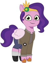 Size: 914x1174 | Tagged: safe, artist:edy_january, artist:prixy05, edit, vector edit, pipp petals, pegasus, pony, g5, my little pony: tell your tale, boots, clothes, communication, communicator, denim, girls und panzer, jacket, jeans, military, military uniform, pants, radioment, saunders, shirt, shoes, short pants, simple background, solo, stockings, thigh highs, transparent background, uniform, vector