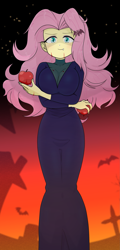 Size: 1581x3285 | Tagged: safe, artist:batipin, fluttershy, human, equestria girls, g4, apple, blood, breasts, busty fluttershy, clothes, costume, fangs, female, food, gravestone, halloween, halloween costume, holiday, looking at you, solo, vampire costume