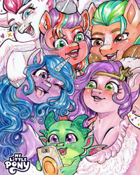 Size: 1558x1947 | Tagged: safe, artist:erieillustrates, hitch trailblazer, izzy moonbow, pipp petals, sparky sparkeroni, sunny starscout, zipp storm, dragon, earth pony, pegasus, pony, unicorn, g5, blushing, cellphone, chest fluff, close-up, female, floating heart, freckles, group, heart, horn, horns, male, mane five, mane stripe sunny, mare, my little pony logo, one eye closed, open mouth, open smile, phone, selfie, smartphone, smiling, sparkles, spread wings, stallion, tongue out, traditional art, unshorn fetlocks, wings, wink